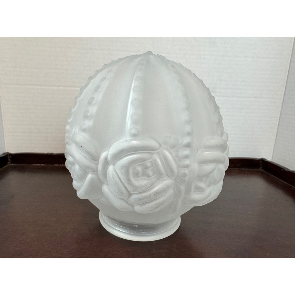 Vintage Art Deco Frosted Glass Lamp Shade Embossed Rose Beaded Melon Globe